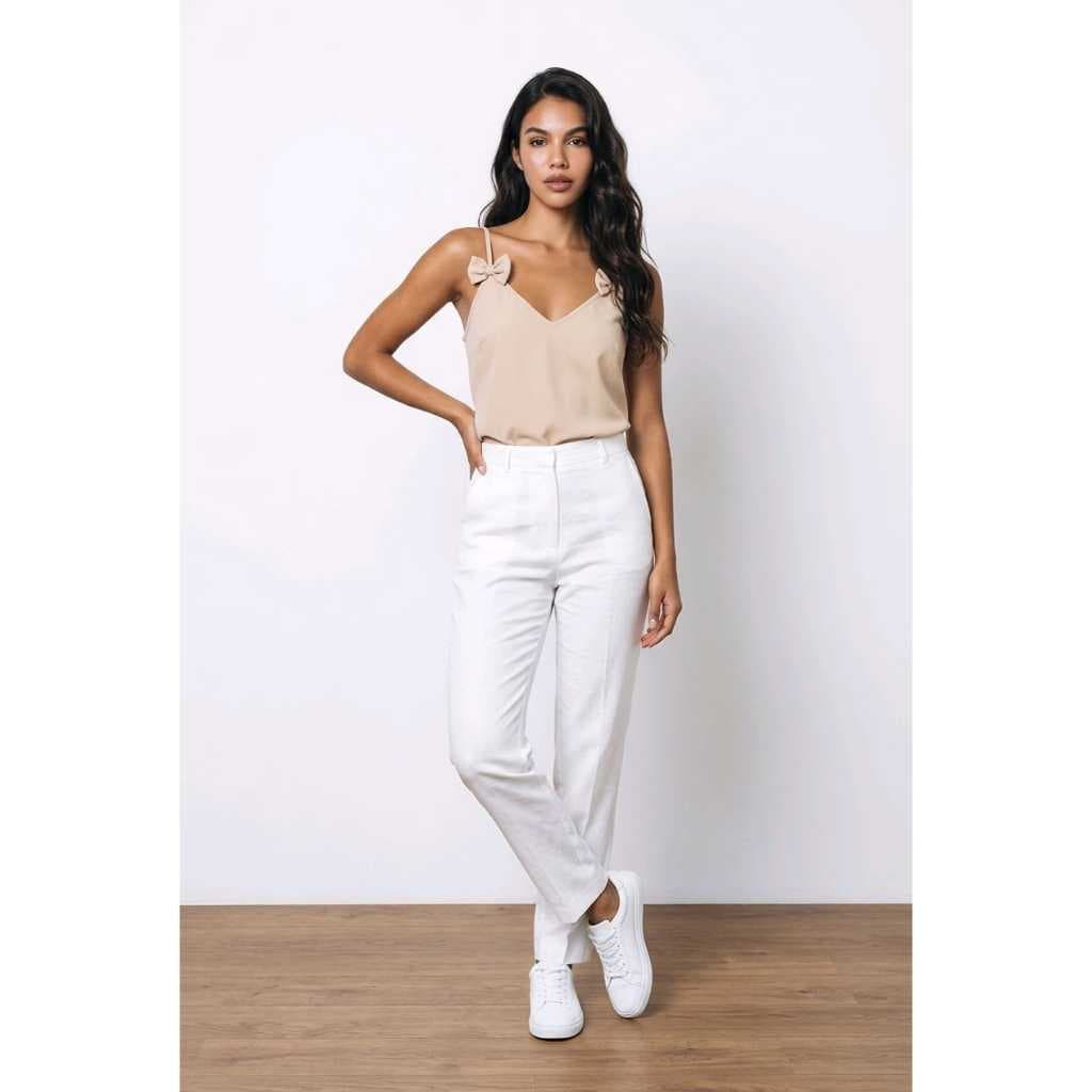 Regata Elegante Feminina Com Gravata e Alças Finas  Decote Em V Tecido Crepinho Premium