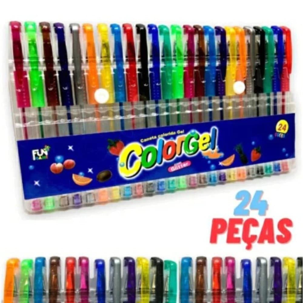 Canetas Gel Cheirinho de Frutas Coloridas Perfumadas Glitter Kit com 24