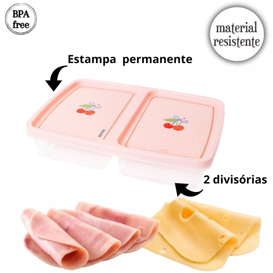 Pote Retangular Presunto e Queijo com 2 Divisórias Plasútil - Cerejas