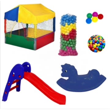 Super Kit Playground Infantil: Piscina 1x1 + Escorregador Baby + Gangorra Unicórnio + 300 Bolinhas