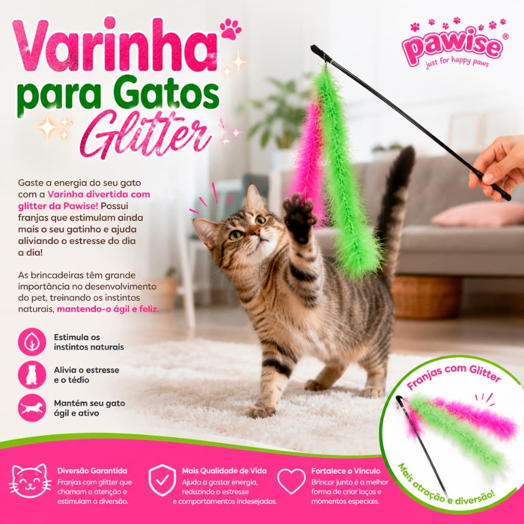 Varinha com Fita Glitter Pawise para Gatos – Brinquedo Interativo que Estimula e Diverte