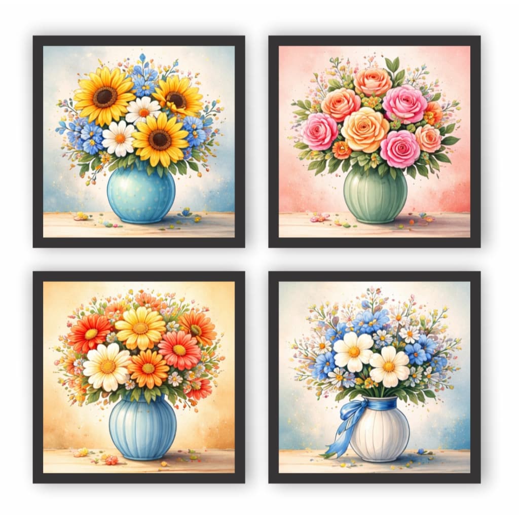 Kit 4 Quadrinhos Decorativos Flores Coloridas Cozinha Hall