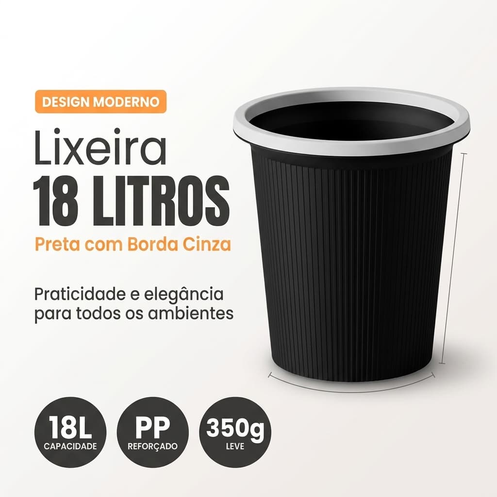 Lixeira 18L Plástica Redonda Preta Sem Tampa Cesto de Lixo Escritório Quarto Sala Banheiro Cozinha