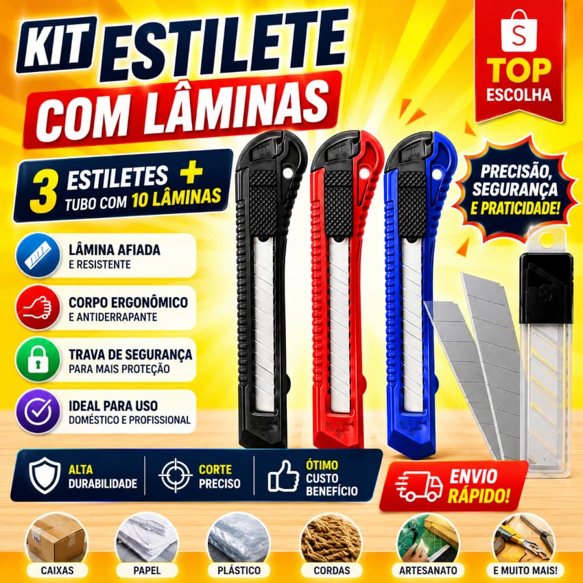 Kit 3 Estiletes Profissionais + 10 Lâminas Extras | Corte Preciso e Alta Durabilidade