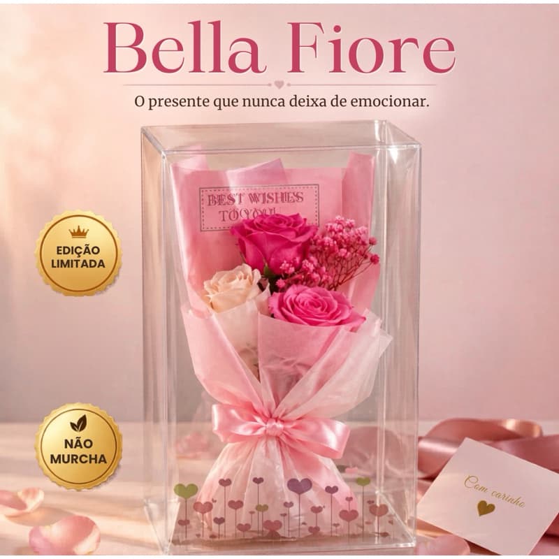 Buquê Rosa Eterno Bella Fiore Com Caixa Transparente | Presente Delicado e Sofisticado