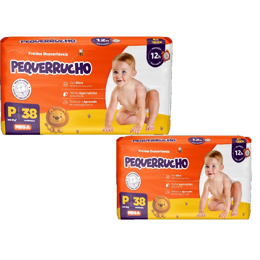 Kit Fralda descartável Pequerrucho P - 76 unidades (2 pacotes com 38)