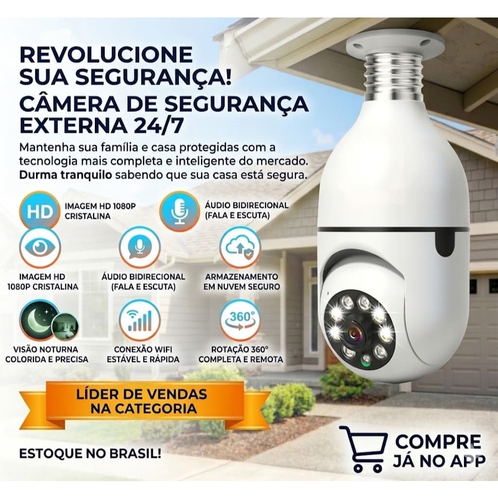 Câmera Segurança Lâmpada Wifi 360° Espiã Sem Fio Full HD Visão Noturna Yoosee Bivolt