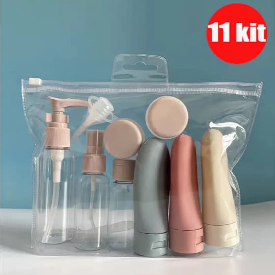 Kit 11 Frascos Para Viagem Com Estojo Conjunto Multifuncional Para Cosméticos Cremes Shampoo Sabonete