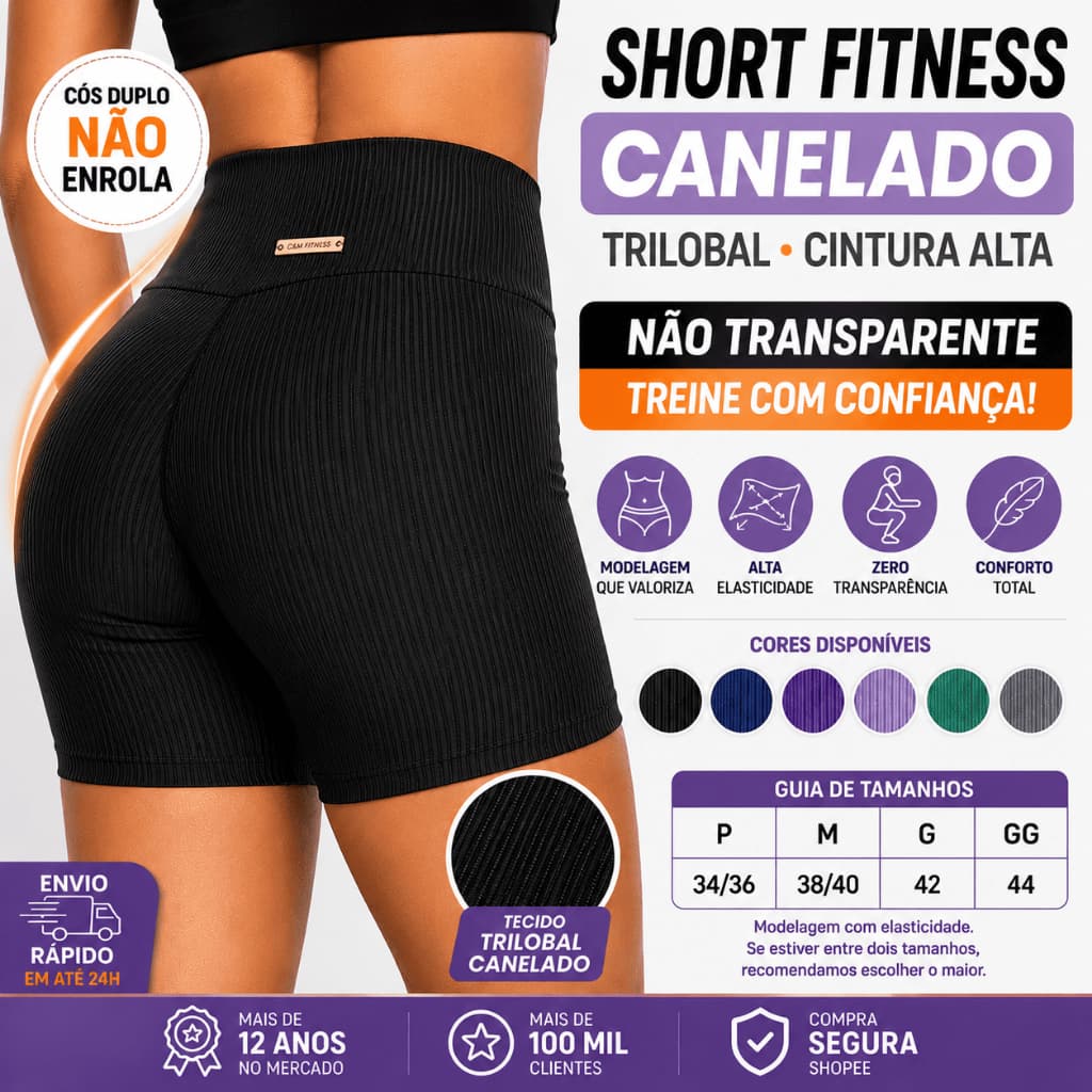 Short Fitness Canelado Trilobal Cintura Alta Academia Feminino Não Transparente