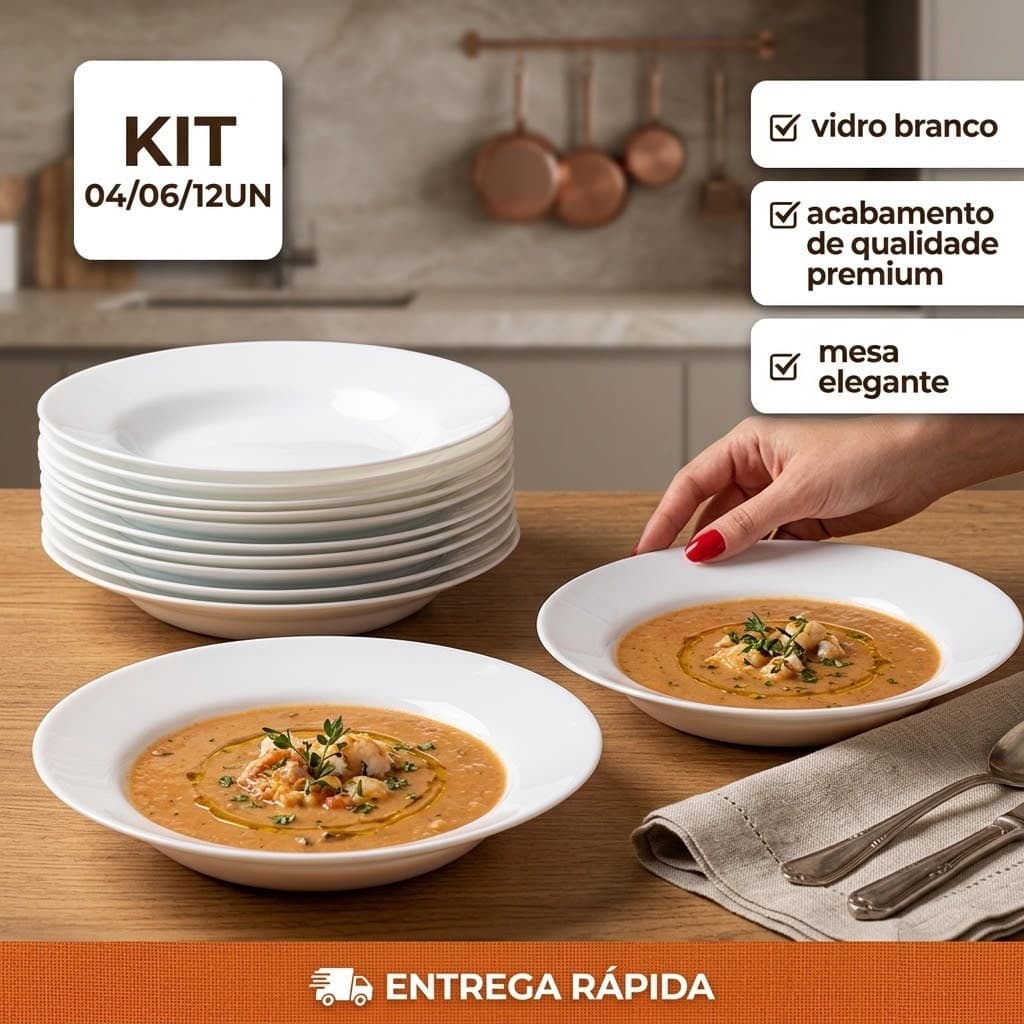 Kit Jogo de Prato Menu Fundo 06 Branco 23 Cm Vidro Liso Duralex Temperado Opaline Almoço Hotel