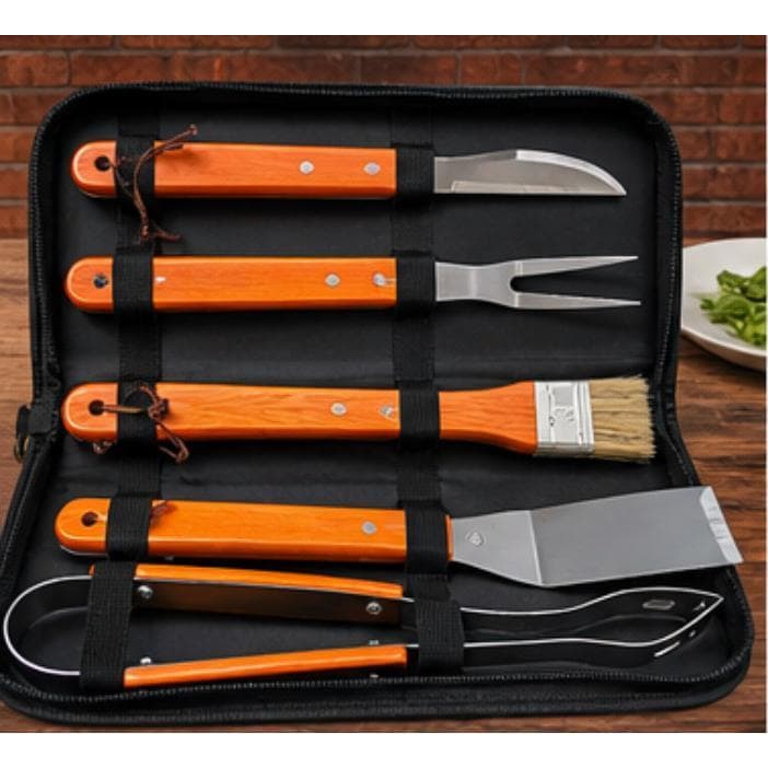 Kit Churrasco Premium 5 Peças com Estojo Portátil – Utensílios em Aço Inox com Cabo de Madeira para Grill, Presente
