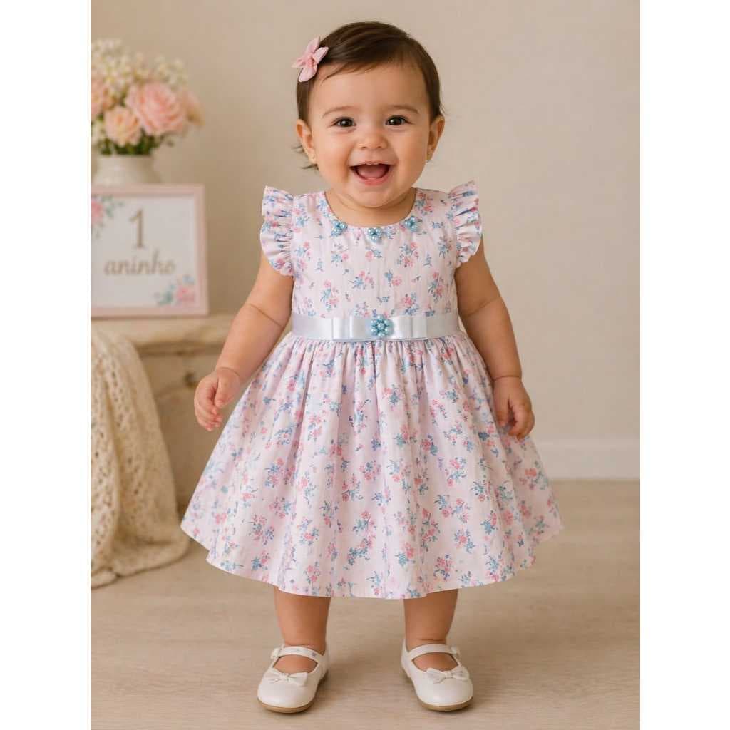 VESTIDO PARA BEBÊ FLORAL, VESTIDO RODADO, VESTIDO FLORAL, VESTIDO BORDADO COM PEROLAS, VESTIDINHO DE FLORZINHA