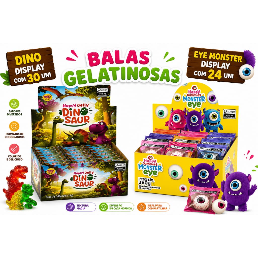 Kit 54 Balas Gelatinosas -Dino Saur 30uni + Monster Eye 24uni