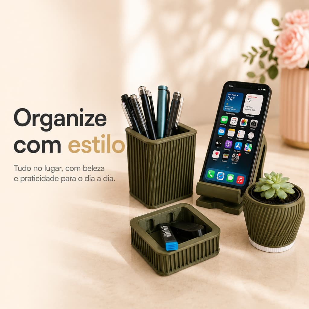 Kit Organizador Mesa Home Office 4 Peças - Suporte Celular Porta-canetas Cachepô Verde Presente dia dos pais