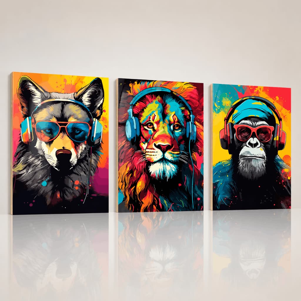 Quadros Decorativos Leão Lobo Macaco de Fone Street Art Graffiti Colorido Grande Luxo Gamer