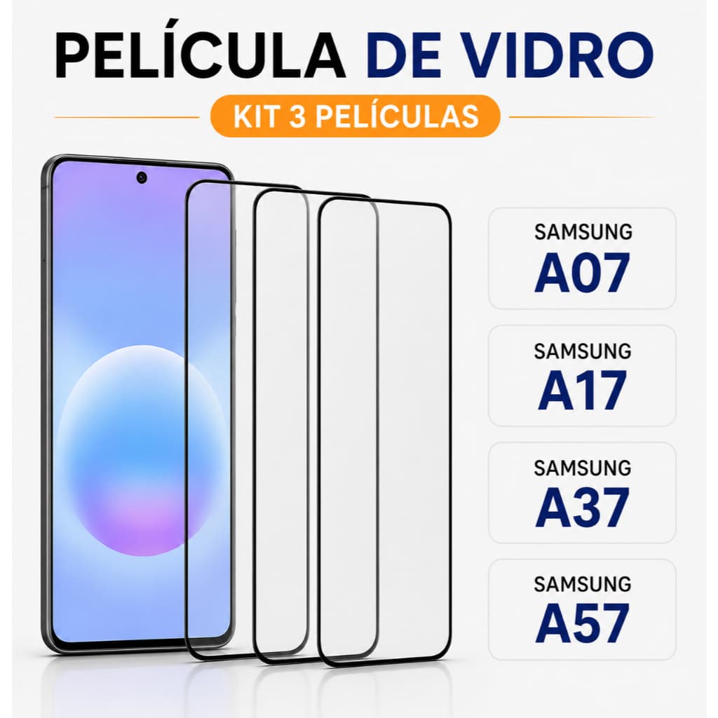 Kit 3 Películas de Vidro 3D Para Samsung A07 A17 A37 A57 + Kit Limpeza