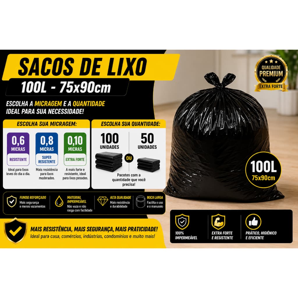 Saco de Lixo Preto 100L Resistente 0,6/0,8/0,10 MICRAS pacote com 100 ou 50 UNIDADES