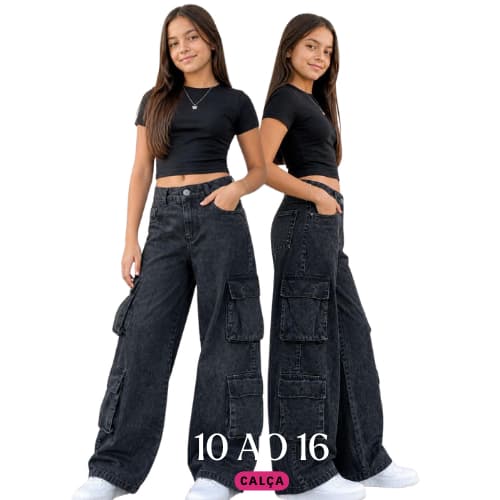 Calça Jeans Wide Leg Bolsos Laterais Sanfonado Infantil e Juvenil Feminina Calça Jeans Wide Leg Fem