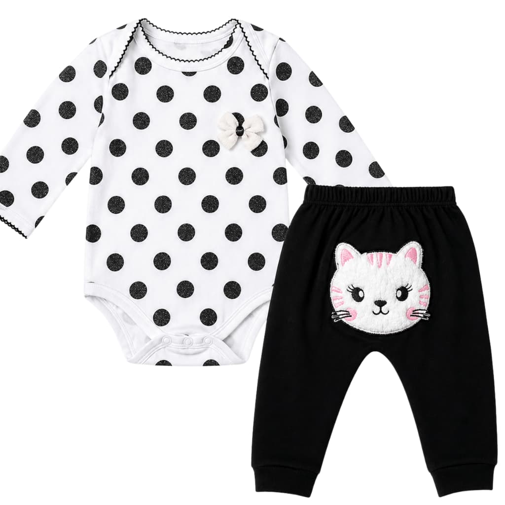 Conj Luxo Body Manga Longa + Calça Mijão Bebê Menina – Gatinha Pelúcia | 100% Algodão Suedine - até 12 meses