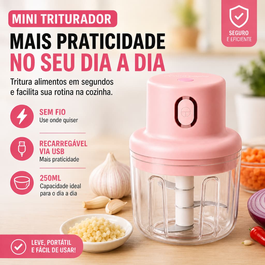 Mini Triturador Elétrico Recarregável USB 250ml Processador Portátil 3 Lâminas Inox