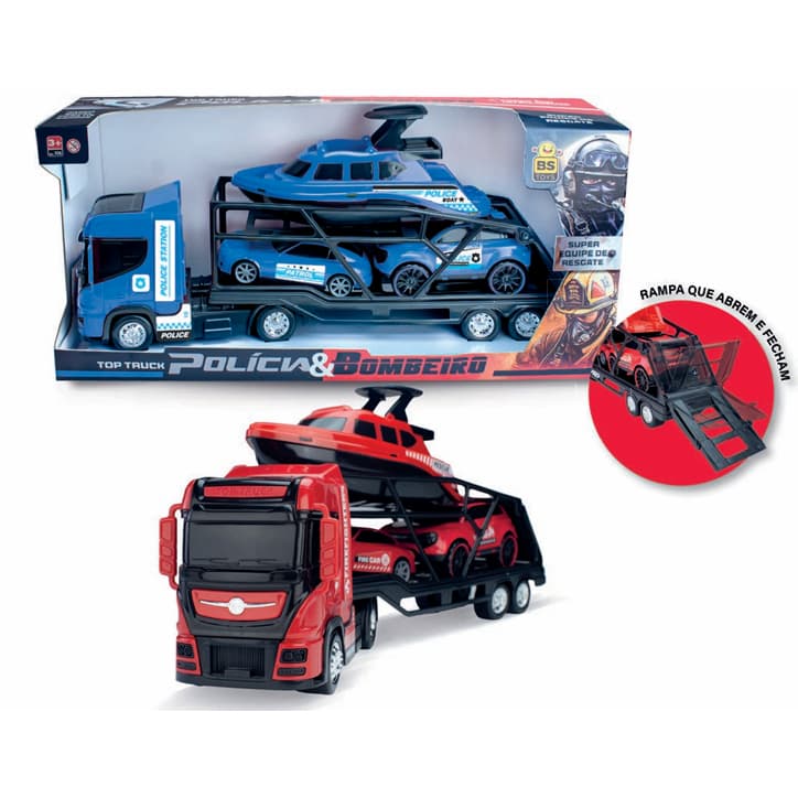 CAMINHÃO DE BRINQUEDO KIT RESGATE - CAMINHÃO REBOQUE COM LANCHA E CARROS DE POLICIA OU BOMBEIRO - BS TOYS - 706