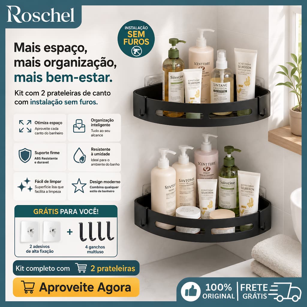 Kit 2 Suporte de Canto Porta Shampoo Prateleira Para Banheiro Organizador com Adesivo Multifuncional