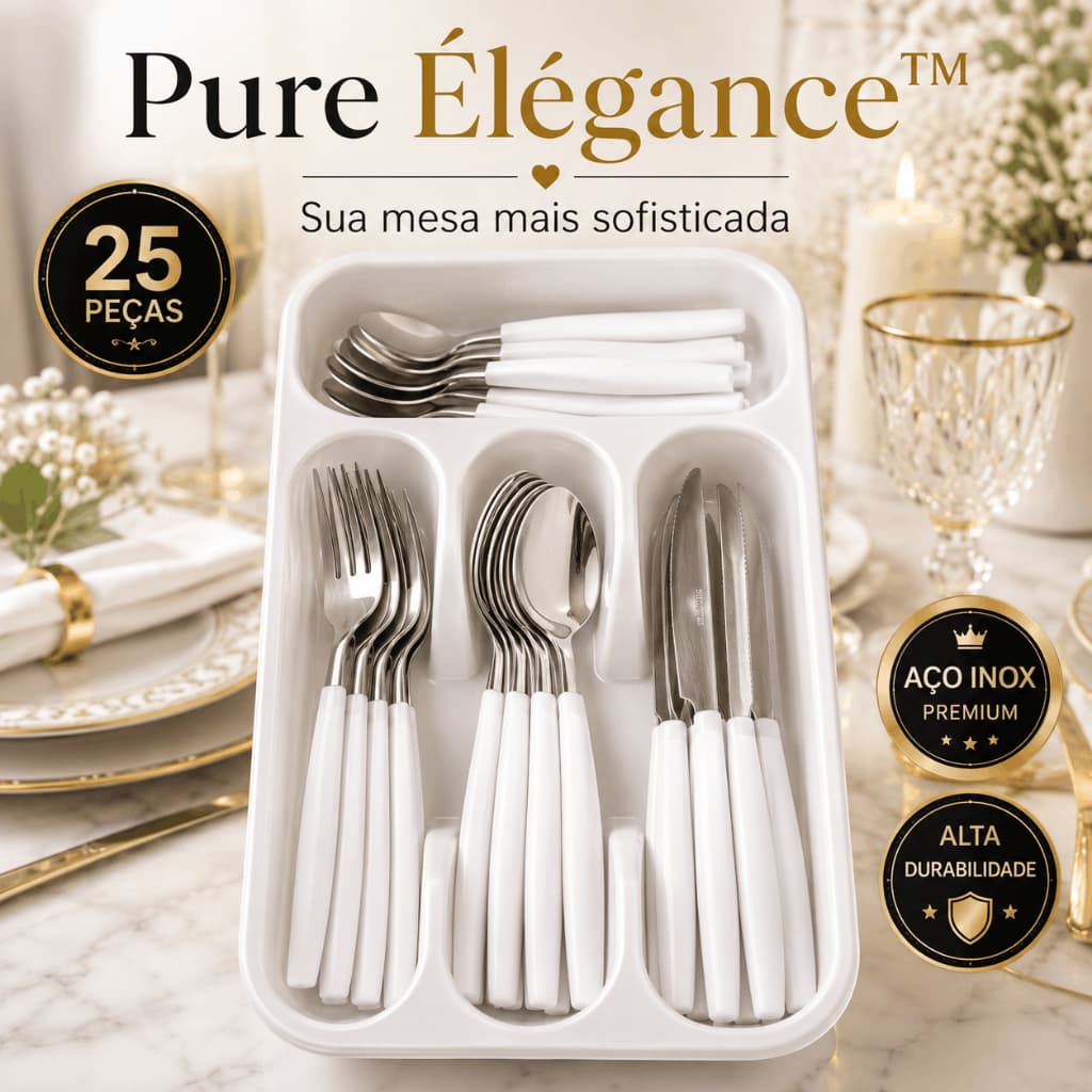 Kit Talheres Pure Élégance 25 Peças Aço Inox Branco Premium