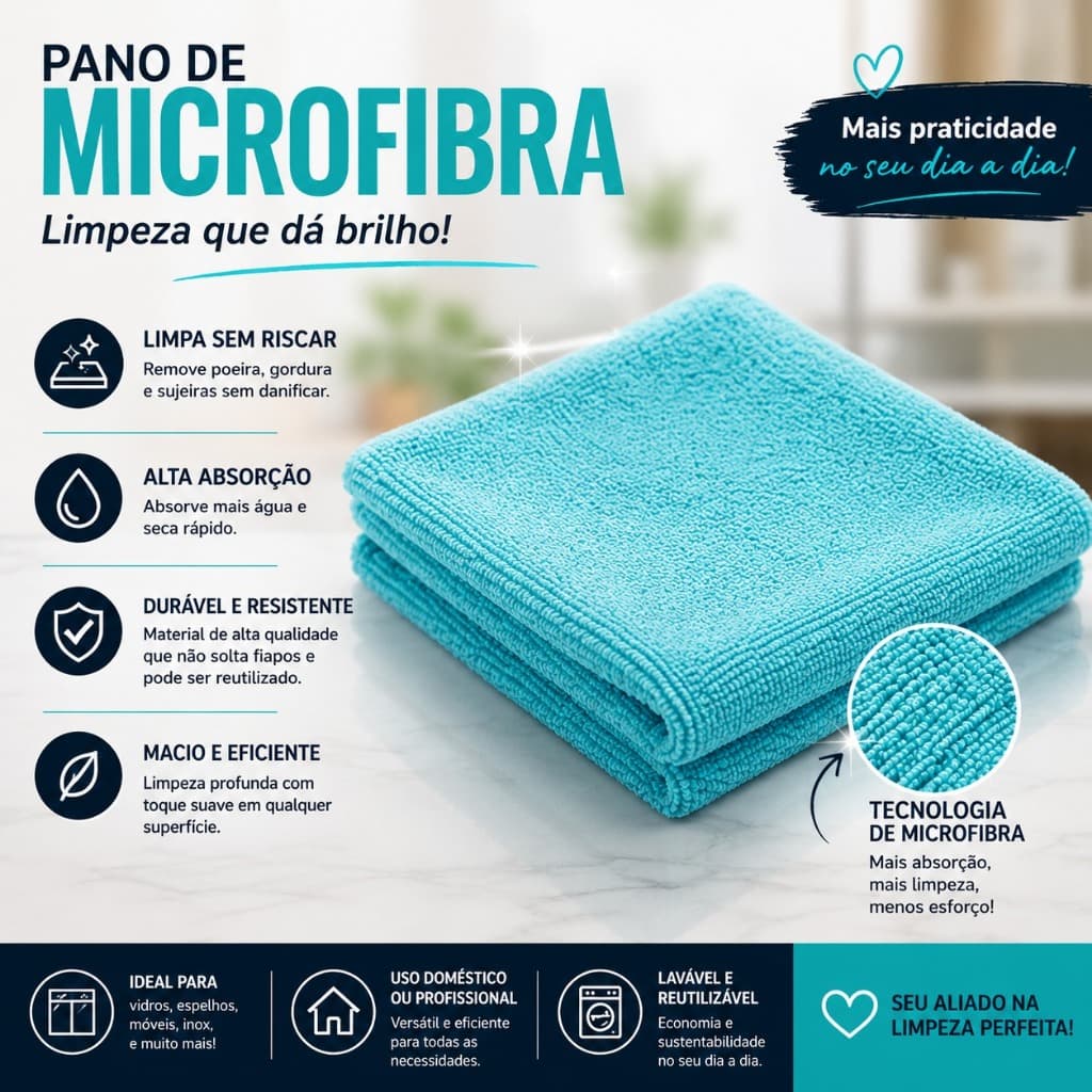 KIT 5 Panos De Microfibra Grande 60x80  40x40 Vabene Limpeza Lustra Móveis Reutilizável E Lavável