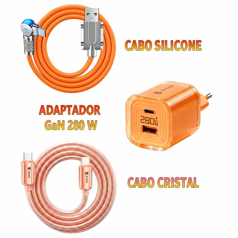 Kit 3 em 1 Carregador Cabo Carregamento Rápido GaN Adaptador Rotativo 180° Tipo C Transparente Silicone Samsung Xiaomi