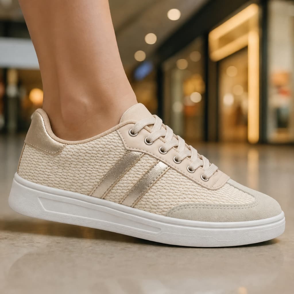 Tenis Feminino Casual Off White Palha Sola Reta Retro Vinatge