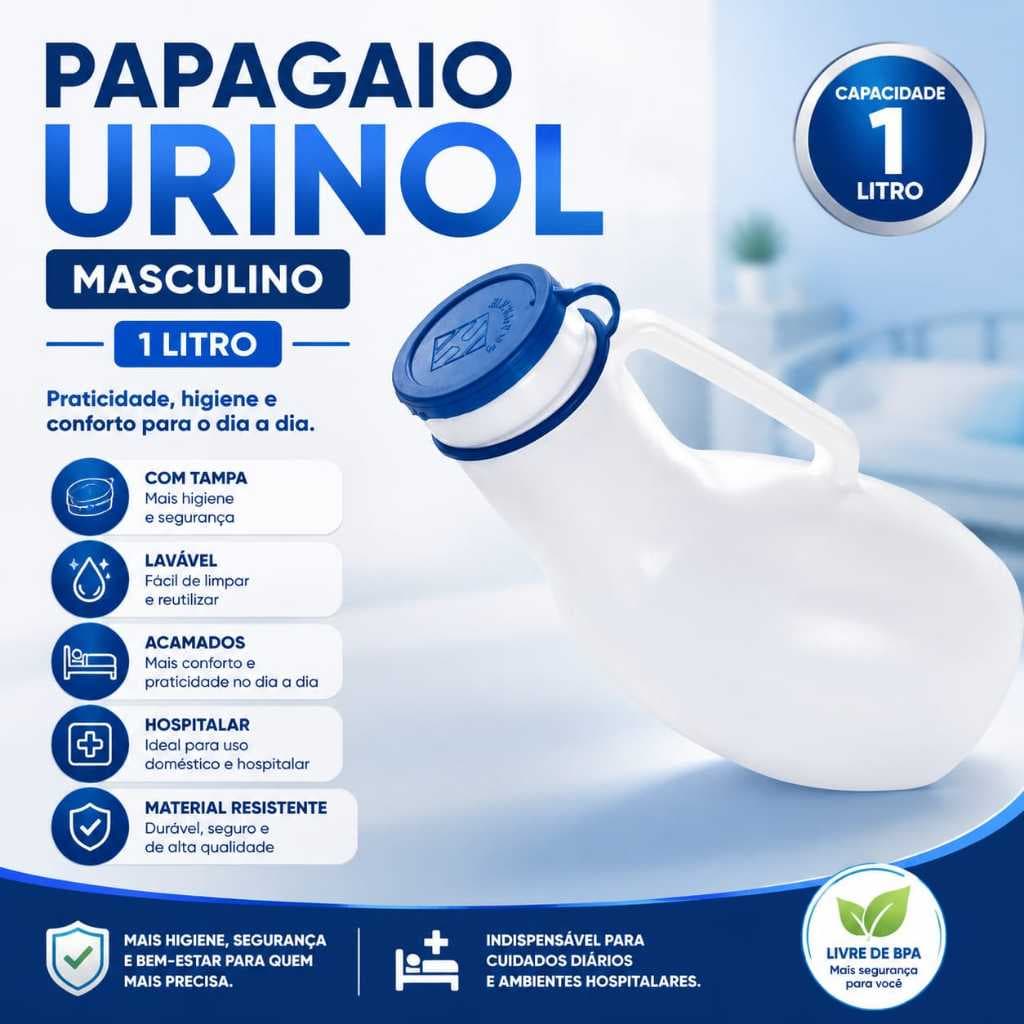 Coletor de Urina Hospitalar Papagaio 1000ml Com Tampa Para Acamados Emergência Incontinência Urinaria Masculino