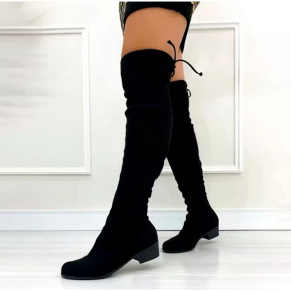 Bota Feminina Casual Outono Inverno Over The Knee Cano Alto com Salto Baixo Confortável Macia Com Fechamento Regulavel