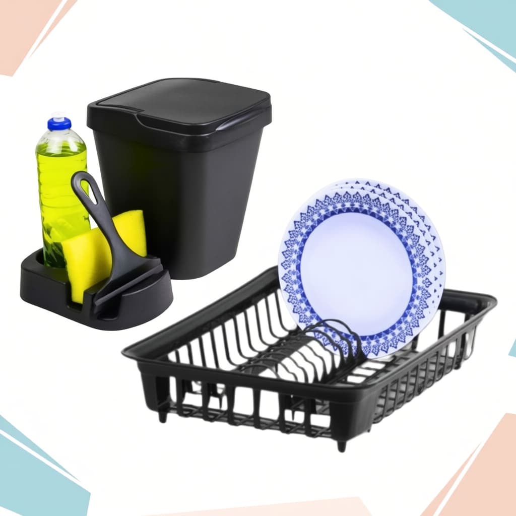 Kit Cozinha PRETO Porta Detergente / Rodo de Pia / Lixeira / Escorredor