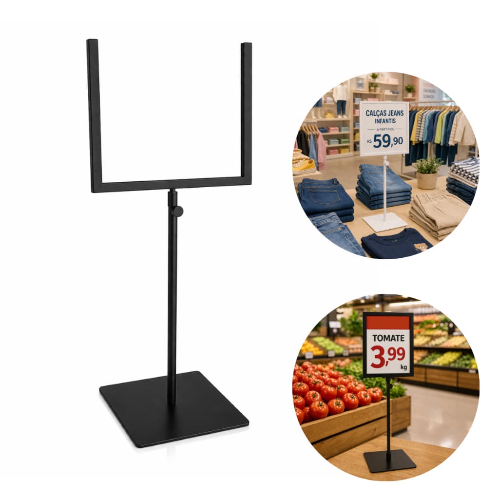 Pedestal Porta Preço Cartaz Regulável A5 Horizontal De Mesa Para Ofertas Preto
