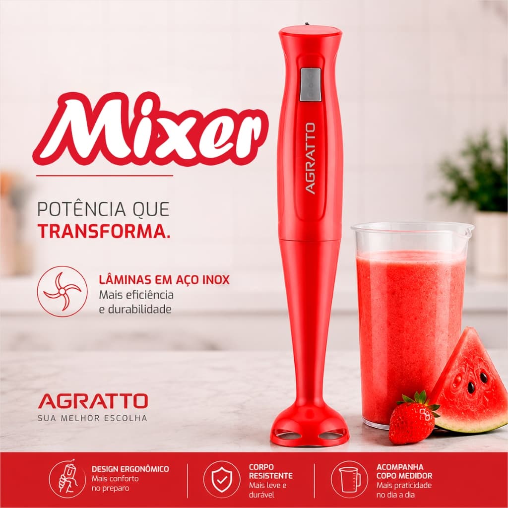 Misturador Elétrico Mixer Turbo Elétrico Liquidificador Turbo Potente Agratto 127V Batedeira de Mão