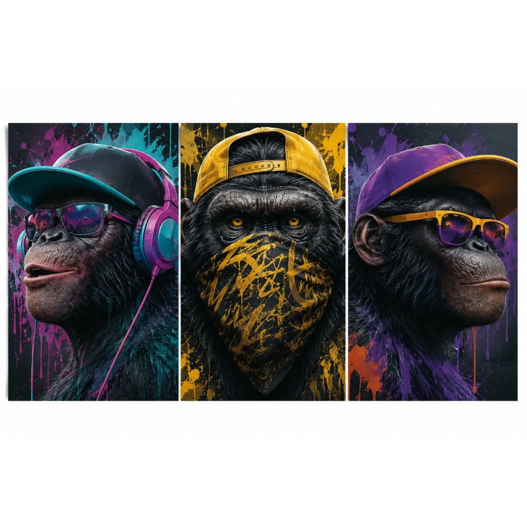 Kit 3 Quadros Decorativos Chimpanzé Street Art – Arte Neon Moderna para Sala e Gamer