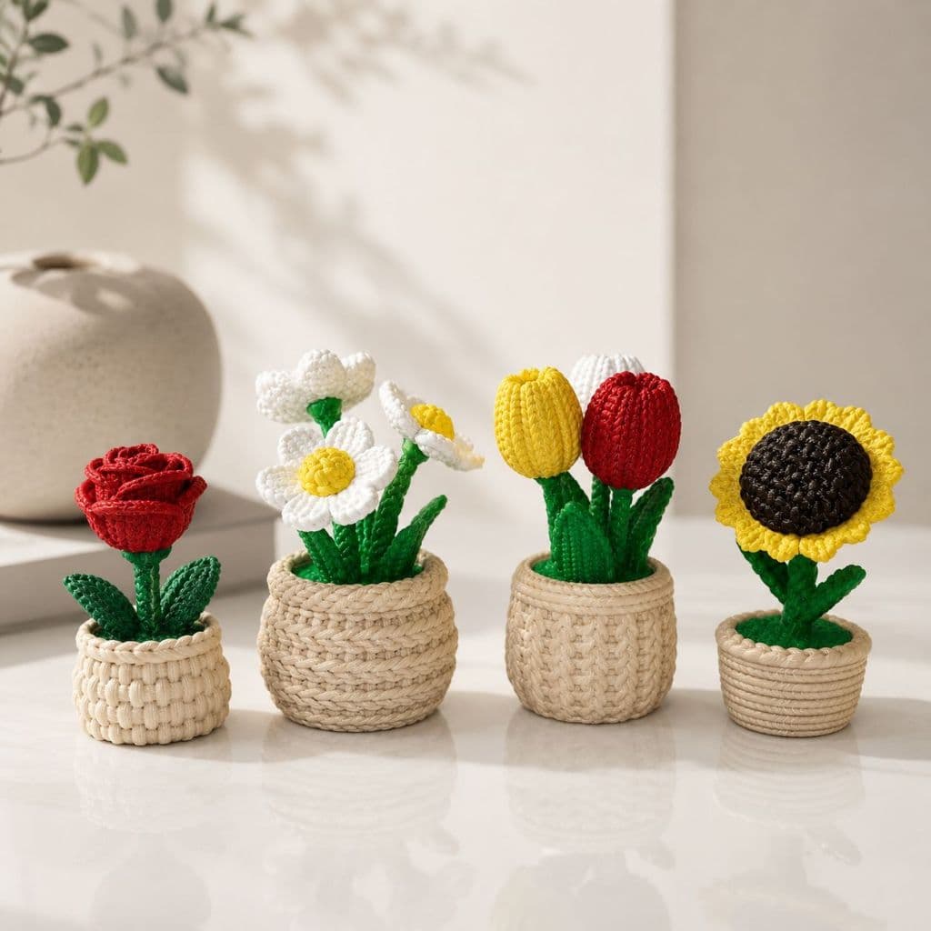 Kit Vasinhos Decorativos Flores Crochê 3D | Rosa, Tulipa, Margarida e Girassol