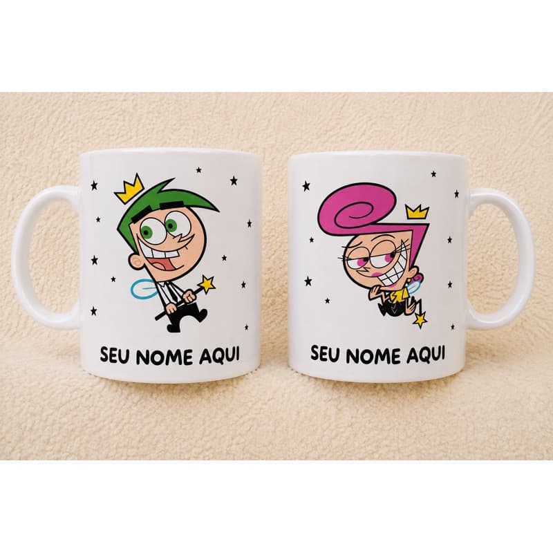 Caneca em porcelana Padrinhos Mágicos Personalizada com Nome | Cosmo e Wanda Caneca Geek Presente Criativo Dinda e Dindo