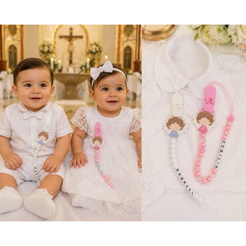 presilha de chupeta para batizado tema anjo menina e menino Prendedor de chupeta e Bico