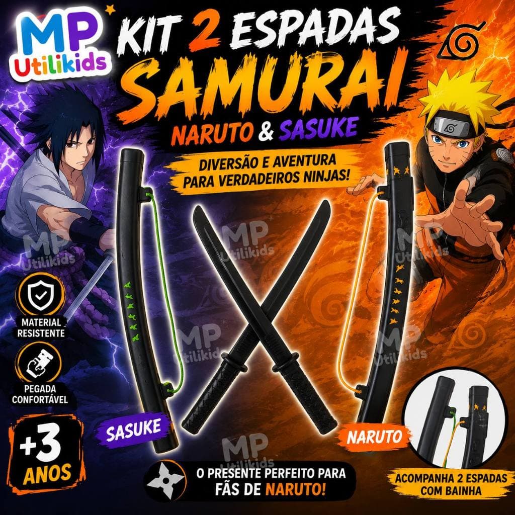 Brinquedo Infantil Espada Kit 2 Katana Samurai Com Bainha Naruto Sasuke Cosplay