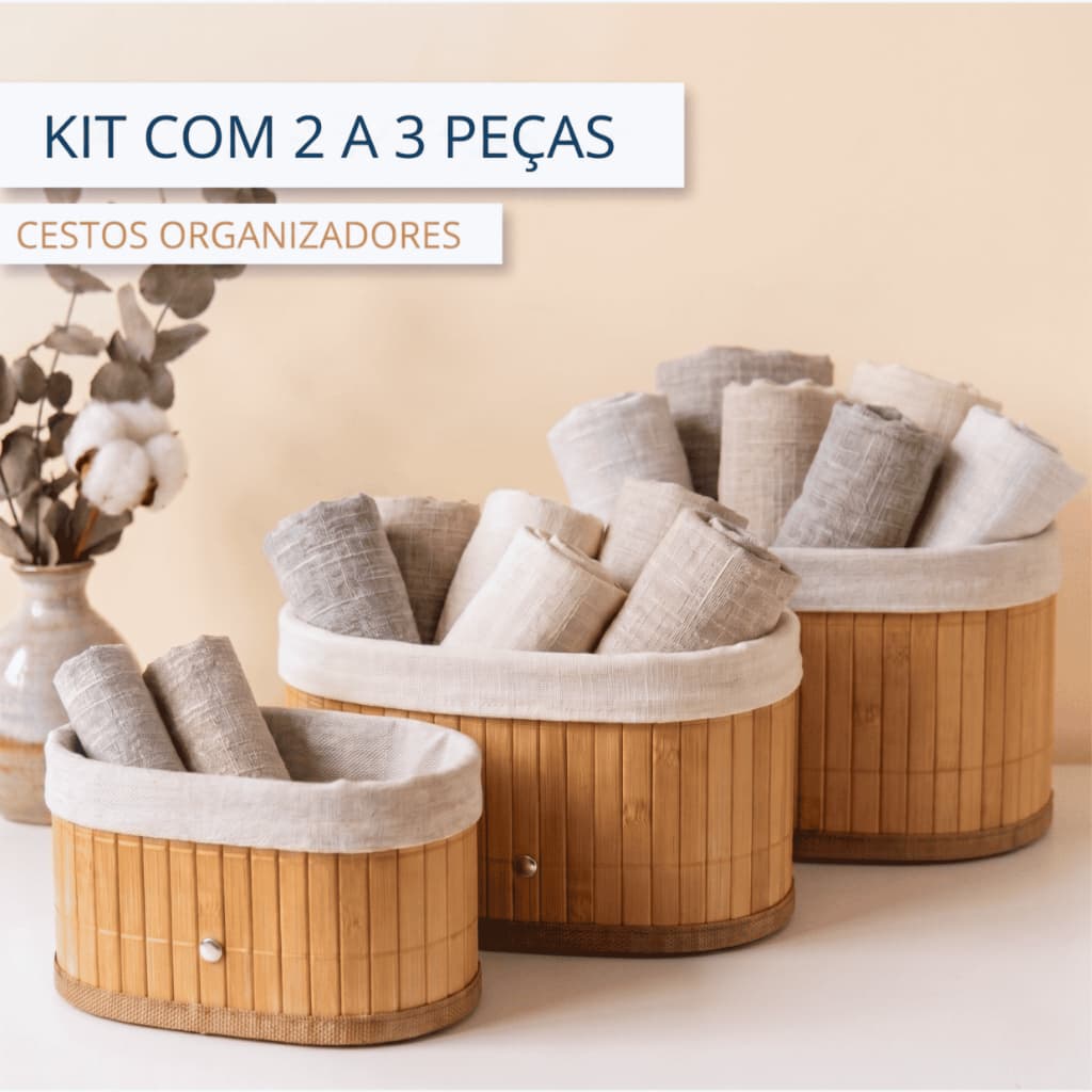 Kit 2 a 3 Cestos Bambu Organizador Multiuso Com Forro Oval