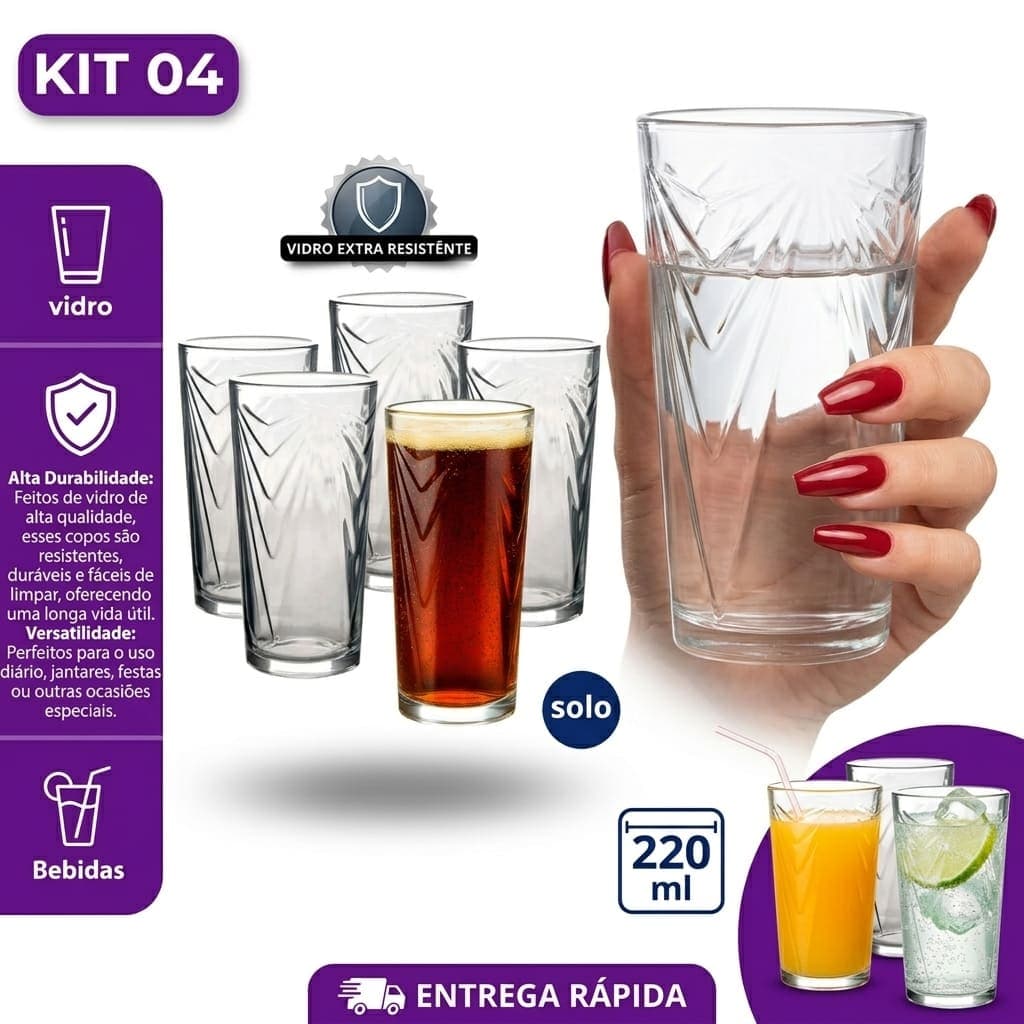 Kit Jogo 4 Copos de Vidro Wind 220ml | Copo para Água - Suco e Refrigerante Extra Resistente