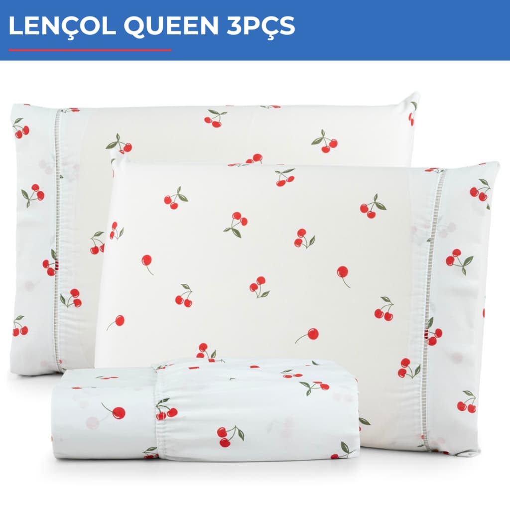 Jogo De Lençol Queen 3pçs Estampado 300 Fios C/ Elástico Cerejas