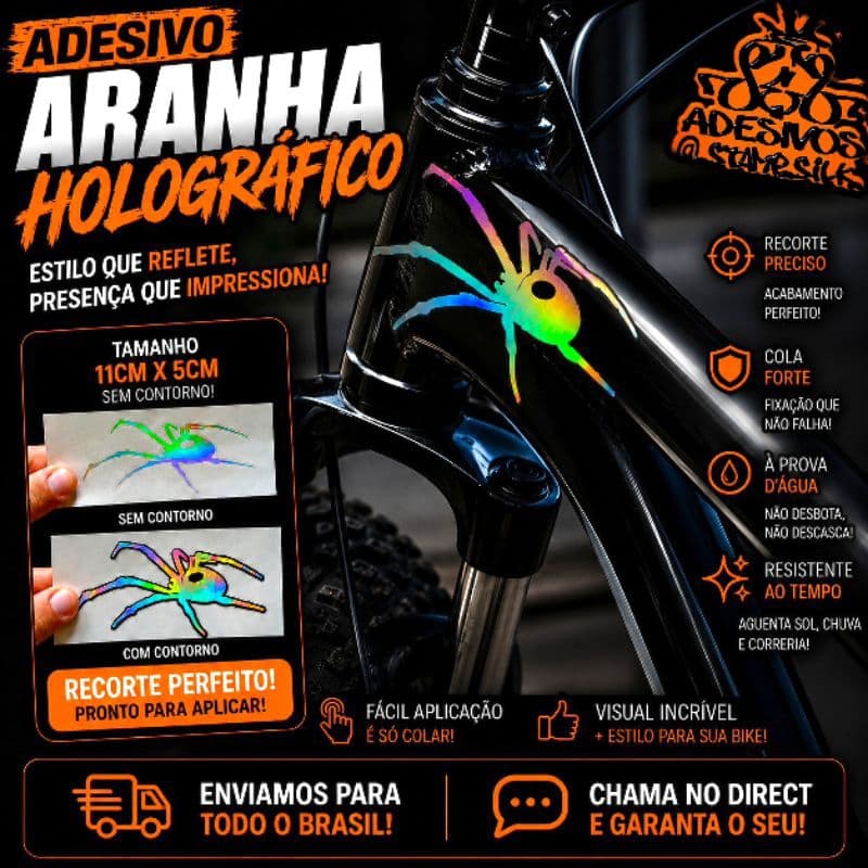 Adesivo Aranha Holográfico bike 🕷️✨ 11x5cm Vinil | À Prova D’Água | Recorte Eletrônico