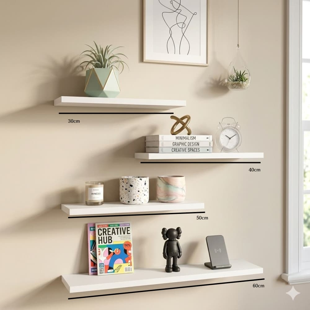 Kit 4 Prateleiras MDF 18mm Branca – Tamanhos 30 a 60cm – Prateleira Reta Decorativa