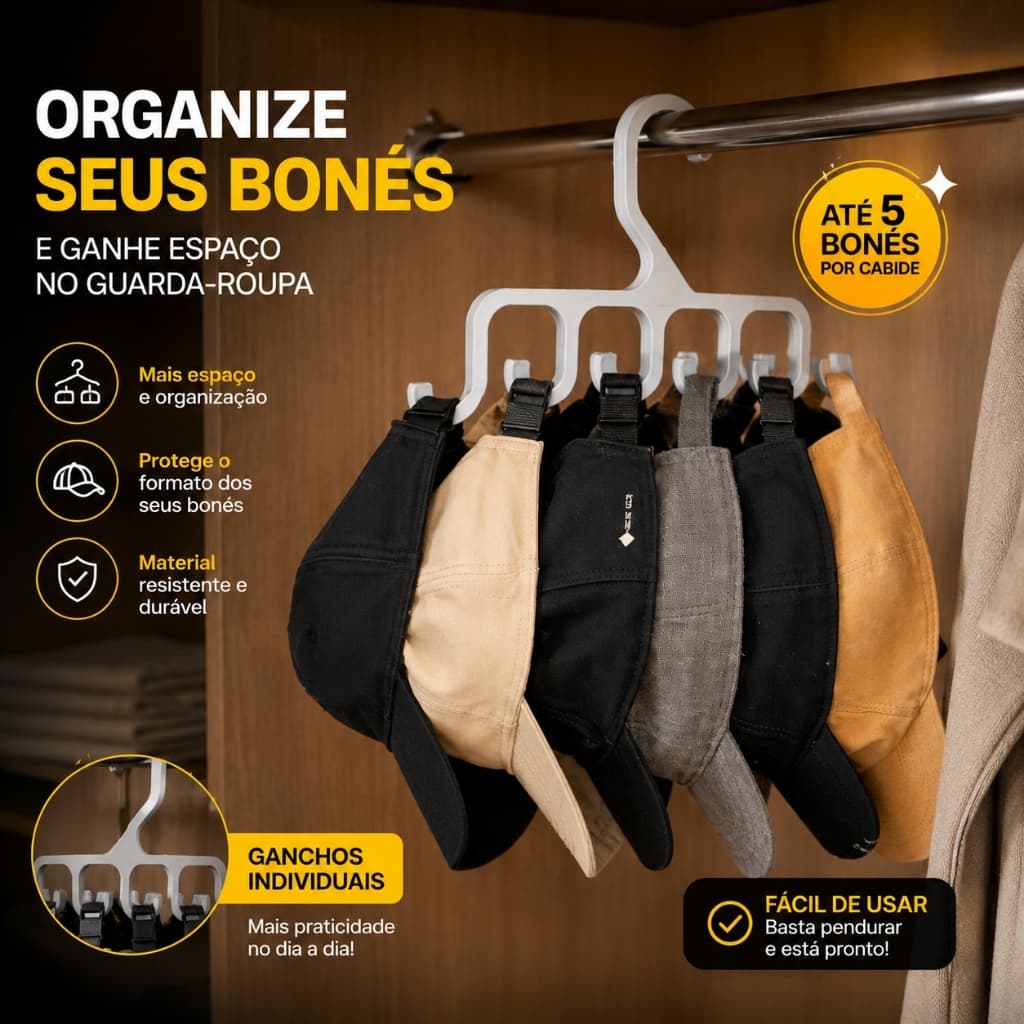 Cabide Para boné Organizador Multiuso para Bolsas Cintos e Bonés com 6 Ganchos