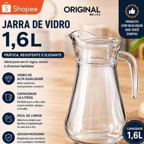 Jarra de Vidro 1,6 Litros Transparente Resistente Elegante para Água e Sucos