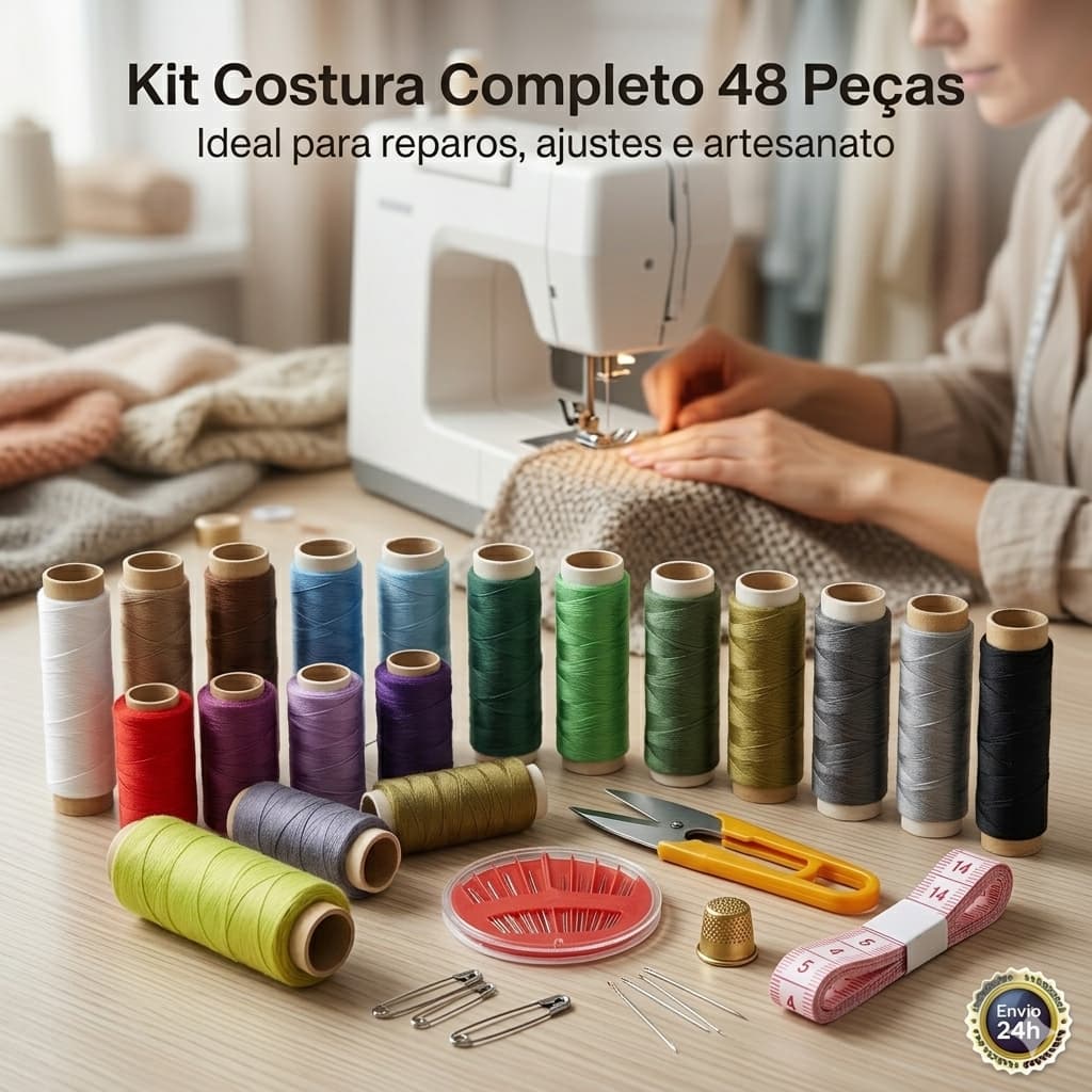 Kit Costura 48 Peças Completo Gadan com agulhas para Reparos linhas coloridas fita métrica