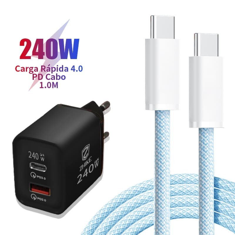 Cabo Carregador Celular Carregamento Rápido PD Tipo C Para Tipo C Com GaN Adaptador 1M Trançado Cabo