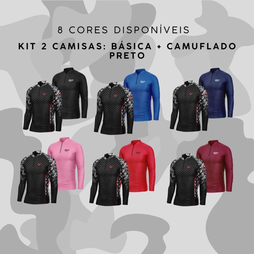 Kit 2 Camisas Hard Sports Camuflado Preto + Basic Lisa Proteção Solar UV50 Leve